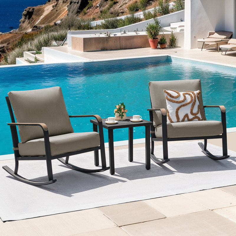 3 Pieces Outdoor Patio Furniture Conversation Set With 2 Metal Rocker Chairs, Black Frame/Shale Cushion