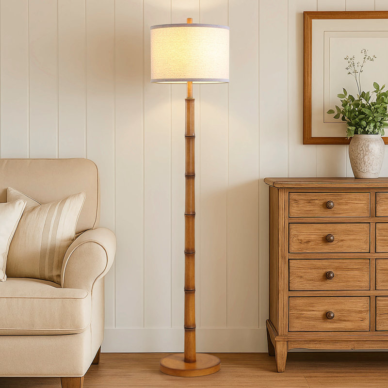 Sculptural Bamboo-Style 62" Floor Lamp With Ivory Linen Shade, Rotary Switch, LED Bulb Included