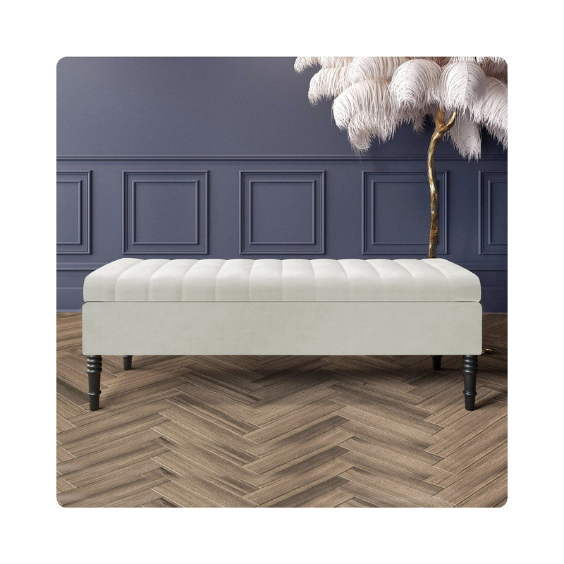 Safar Striped Ottoman Storage Bench – Upholstery Plush Velvet Shoe Bench with Black Turned Wooden Legs, Cream
