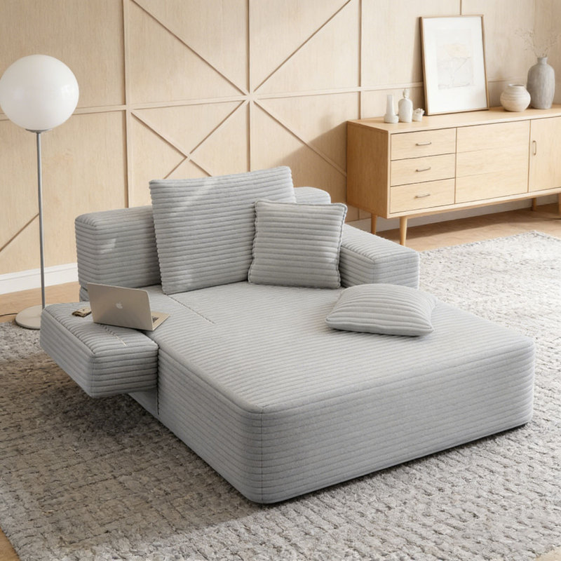 Chaise longue en velours côtelé avec 3 coussins, LIGHT GREY