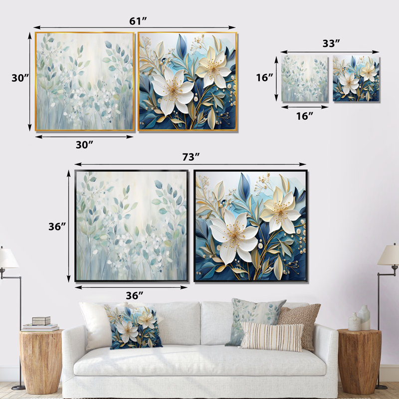 Bluie Botanical Rhythms - Ensemble de 2 collages carrés botaniques abstraits, Cadre flottant noir, H 30 po x l 61 po