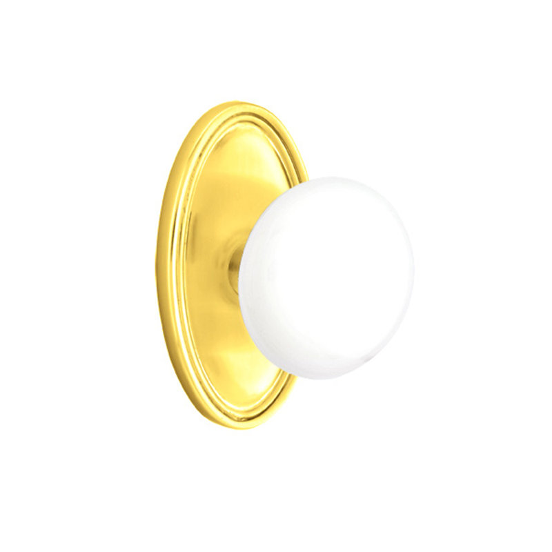 Ensemble de boutons d'intimité Emtek avec bouton ovale en porcelaine Roestte et blanc glacé, Laiton brillant