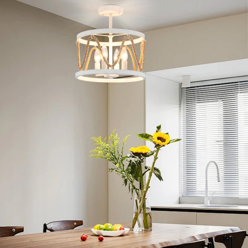 Plafonnier semi-encastré 4 lumières l 12,6 po avec cadre cylindrique en chanvre, Blanc vieilli