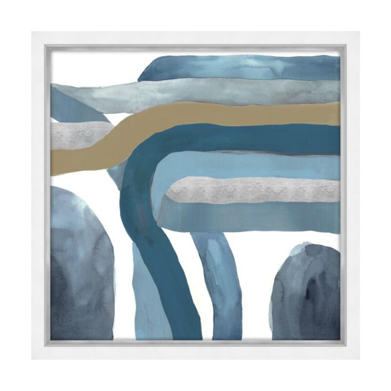 «Blue Crossing I» par Janice Sadler - Peinture, H 47 po x l 47 po, Argent doré