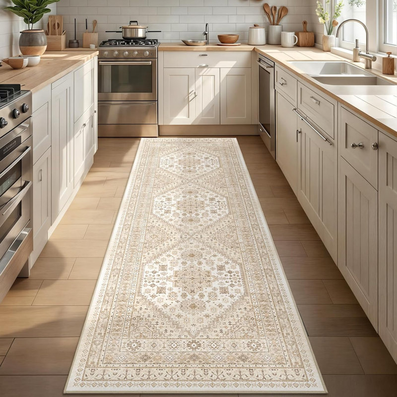 Medallion Non Slip Washable Rug(Cream), Runner 2'6" x 8'