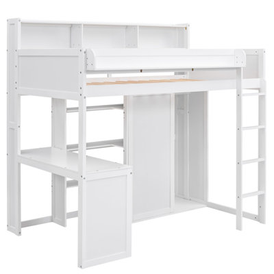 Wood  Loft Bed With Multiple Storage Shelves And Wardrobe