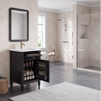 Meuble-lavabo noir de 20 po avec lavabo en céramique, pieds en bois massif, tiroir inclinable et tablette réglable, armoire autoportante moderne pour les petites salles de bain
