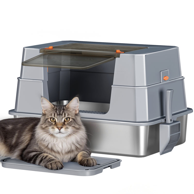Stainless Steel Cat Litter Tray with Lid, XXXL Enclosed Removable Metal Cat Litter Box, 70 x 50 x 45 cm, 105° Foldable Lid, Includes Pedal and Scoop, Easy to Clean, Modular Design, Dark Grey 