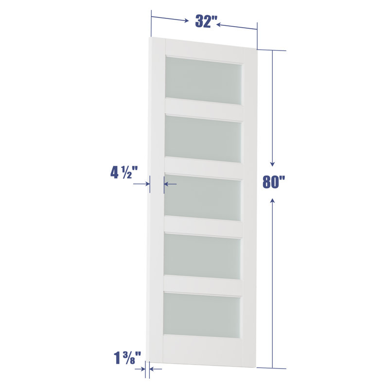 32" x 80" White Primed MDF 5-Lite Frosted Glass Interior Door Slab