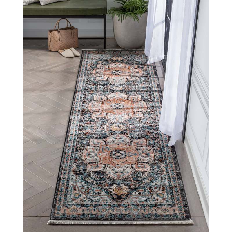 Tapis noir rétro à motif floral bohème Espinal Minos, Tapis de couloir 2 pi 7 po x 9 pi 10 po