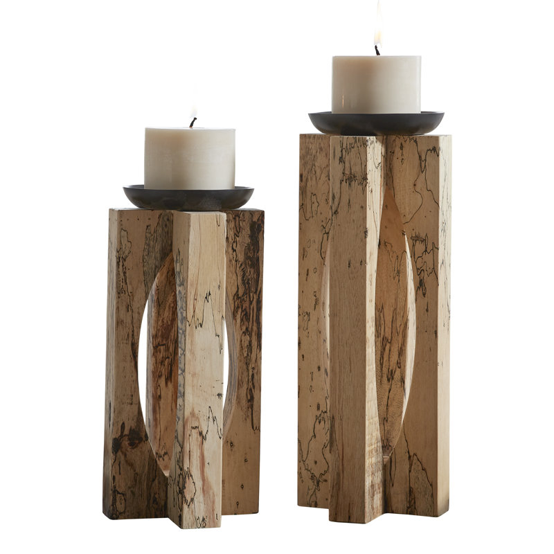 Natural Wood and Black Candle Cup Candelabra Set