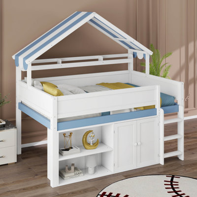 Full Size Loft Bed With Canopy, Wood Loft Bed With Storage Cabinet, Open Shelves & Roof Design, House Loft Bed Frame For Kids