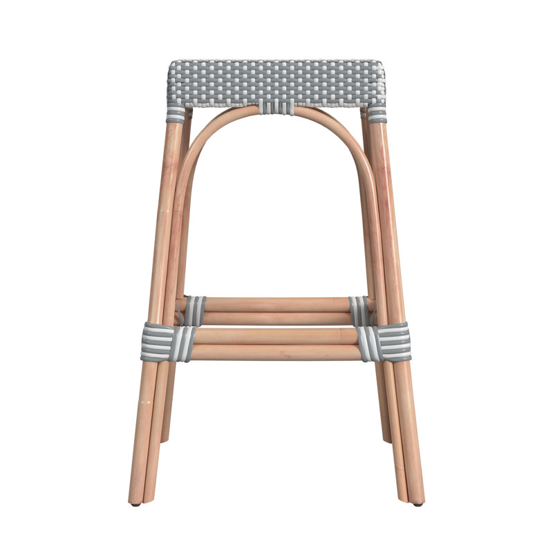 Robias Rattan Bar & Counter Stool, White/Navy Dot/ Natural Rattan Frame, Bar Stool (30" Seat Height)