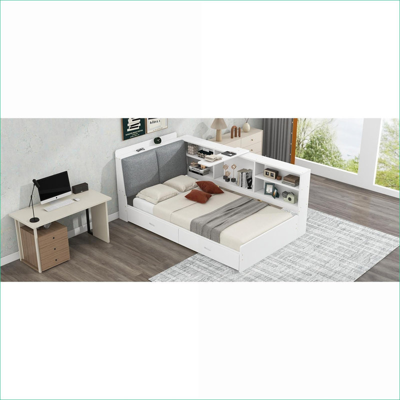 Bois de pin massif simple Lit plateforme avec rangement en panneau de fibres à densité moyenne, sans sommier, blanc pour chambre d'amis de petite chambre