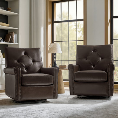 Stratton 31"W Transitional Genuine Leather Swivel Rocker Chair with Tufted Back and Nailhead Trim