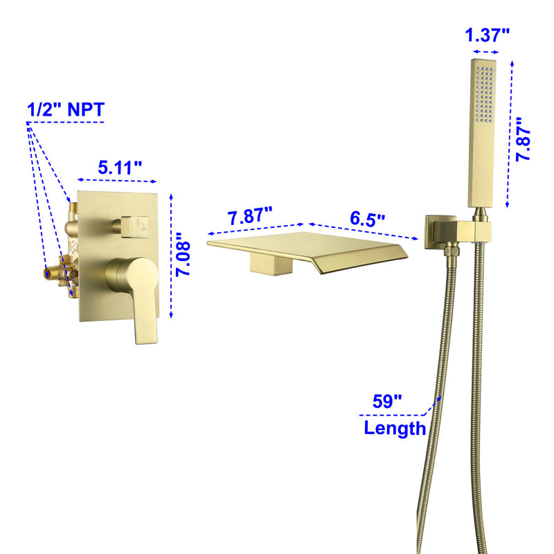 Système de douche à 2 fonctions avec douchette et bec de baignoire, Or brossé