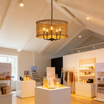 Luminaire de lustre en rotin tissé à la main, conception en osier tambour 5 lumières avec chaîne réglable, style bohème campagnard rétro pour la salle à manger, la cuisine, le salon