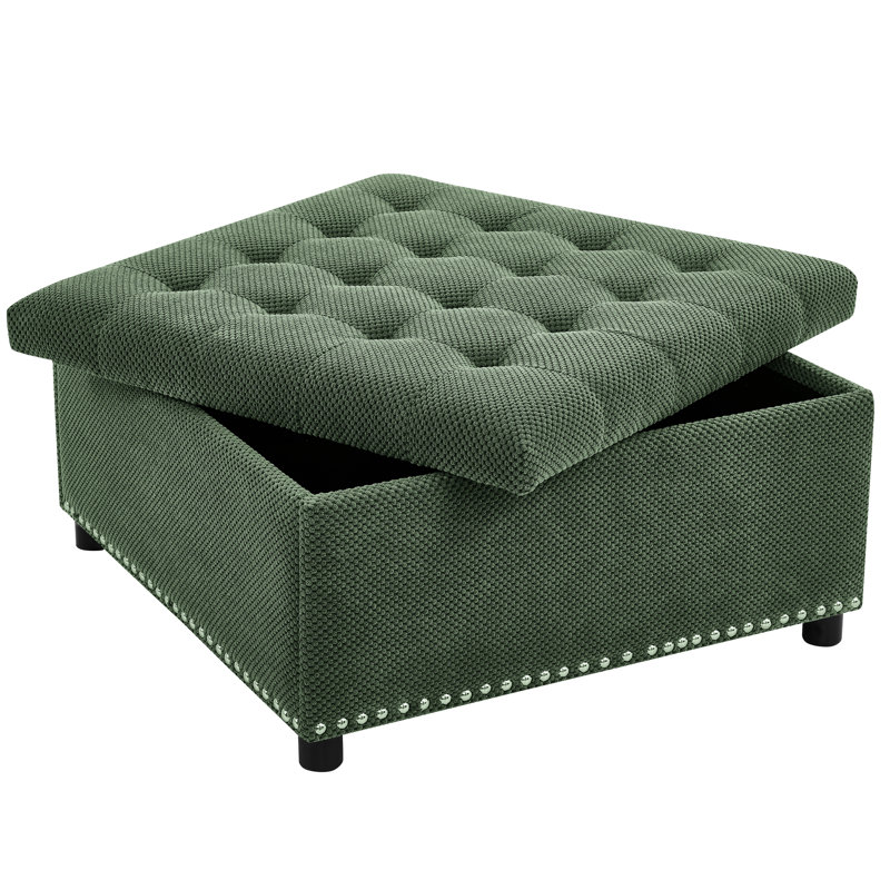 Repose-pieds carré avec rangement caché, garnitures cloutées, convient à plusieurs espaces, surface et décor en tissu à usage moyen, rangement, bureau à domicile, sièges moelleux