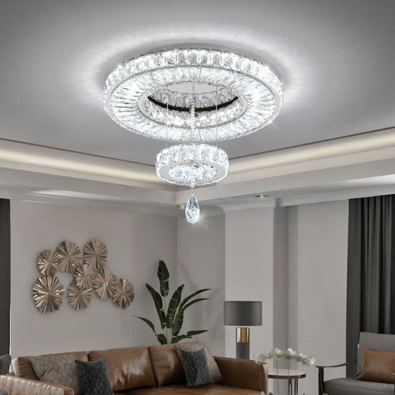 Lustre rond en cristal à deux niveaux, Silver