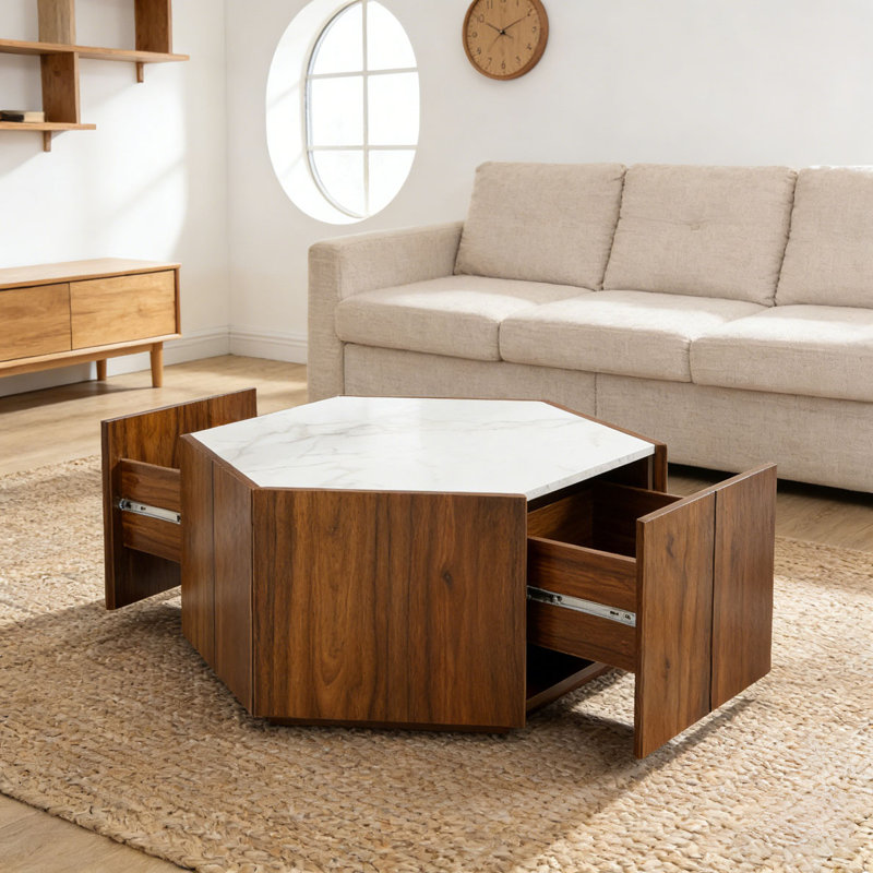 Table basse Retro, Blanc + noyer