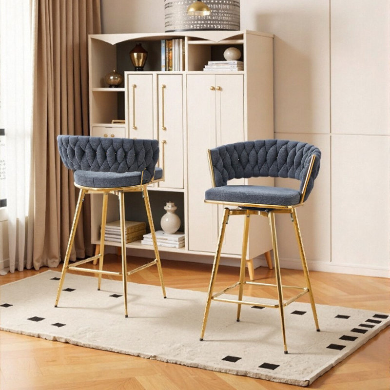 Tabouret de bar pivotant gris foncé moderne avec pieds en métal doré et siège en lin de coton respirant, Doré