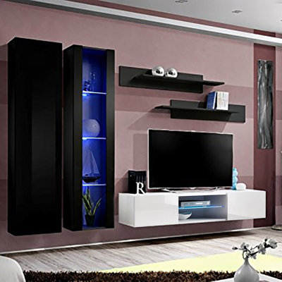 100" Modern Floating Wall Mounted Entertainment Center with 16-Color LED Lighting, High Gloss Finish