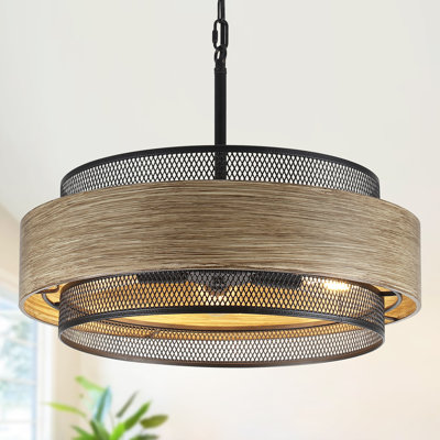 19.7 Inch 5-light Rustic Large Round Farmhouse Drum Chandeliers, Metal Wood Texture Interior Hanging Lighting For Entryway Kitchen Island Foyer Bedroom Living Room