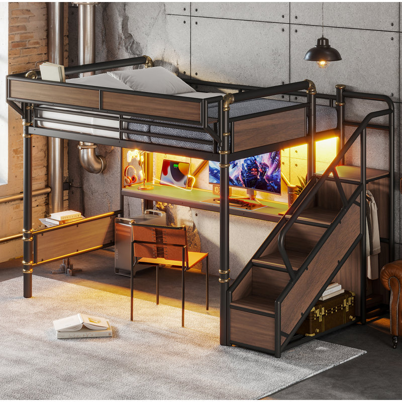 Grand lit mezzanine en métal industriel avec bureau intégré et prise de courant, bande à DEL, cadre de lit mezzanine en métal avec paniers de rangement en panneau perforé et en filet, escalier de rangement avec garde-robe, noir