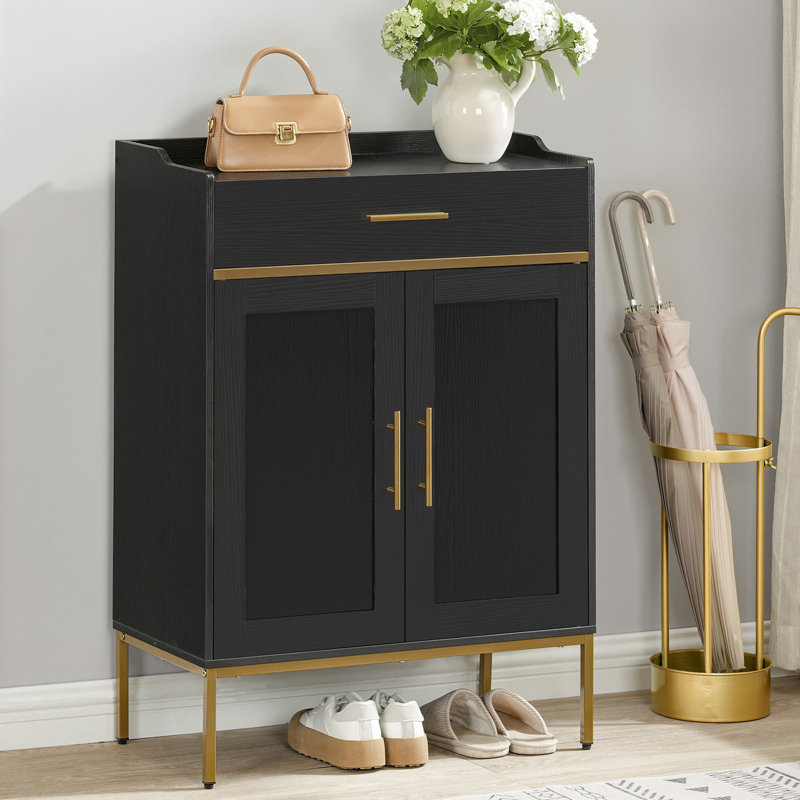 5-Tier Shoe Storage Cabinet with Drawers, Black/Gold