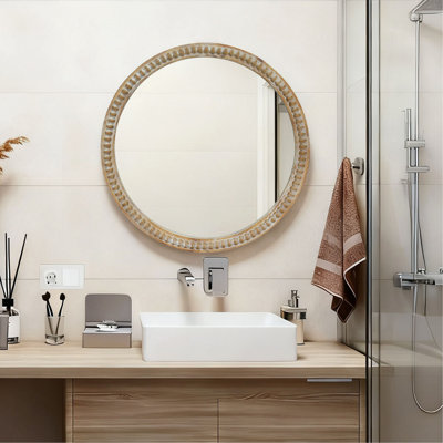 Miroir mural rond rond, miroir à cadre perlé en bois vieilli 31,50 po pour hall d'entrée, salon, salle de bain, miroir décoratif de style maison de campagne