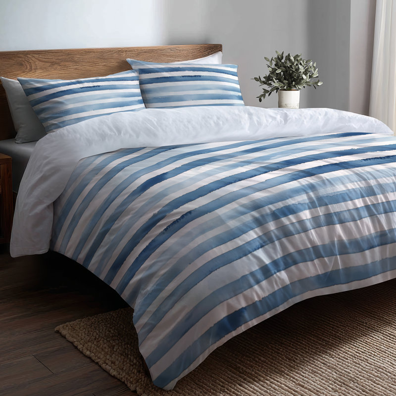 Ensemble de housse de couette rayée 3 pièces - Ensemble de literie et coussin décoratif moderne bleu et blanc