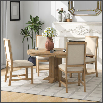 Ensemble de salle à manger 5 pièces avec table ronde extensible et 4 chaises rembourrées pour la cuisine, la salle à manger (bois naturel délavé)