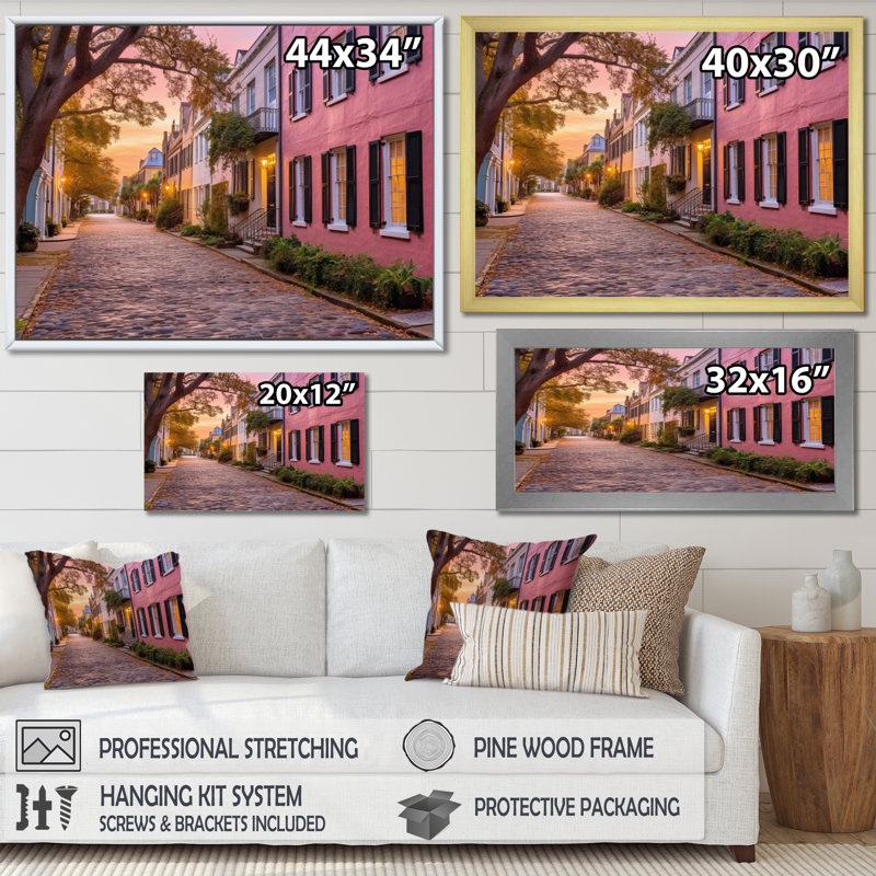 Art mural de Caroline du Sud, charme historique de Charleston, 16" H x 32" W, Cadre flottant noir