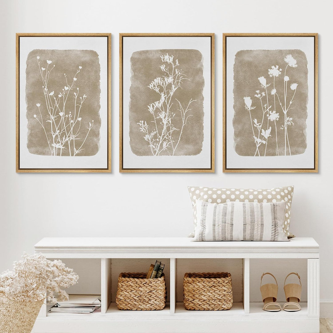 Minimal Botanical "Neutral Beige Rustic Botanical Floral Artwork, Vintage Simple Wildflower Living Room Pictures, Framed Canvas Giclee Print 3 Pieces Wall Art" IDEA4WALL Frame