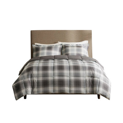 Down Alternative Comforter Mini Full- All Season Grey Plaid Printed & 2 Shams Machine Washable Seasons Pattern With Two