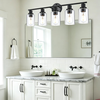 2-Light Matte Black Bathroom Vanity Light, Modern Farmhouse Wall Sconce with Clear Cylinder Glass Shade, Industrial Wall Mount Light for Bathroom Mirror, Hallway