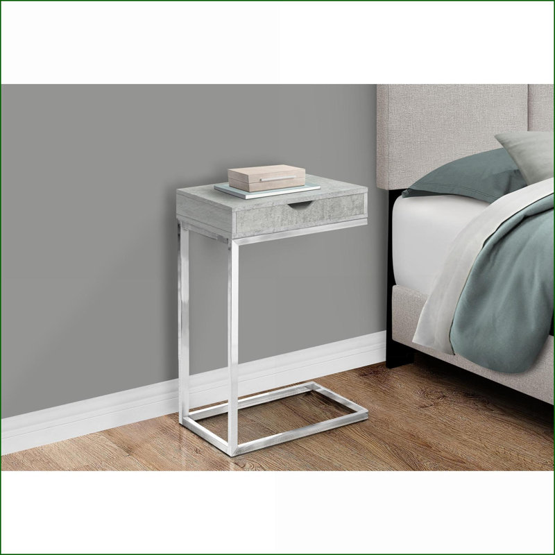 Table basse compacte en forme de C en stratifié gris avec tiroir de rangement, base en métal chromé pour le salon, Gris