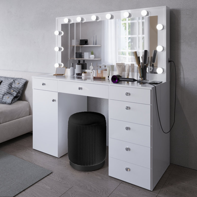 Boahaus Nora Makeup Vanity Set With Lights, Glass Top, USB-C Charger, 7 Drawers & Stool
