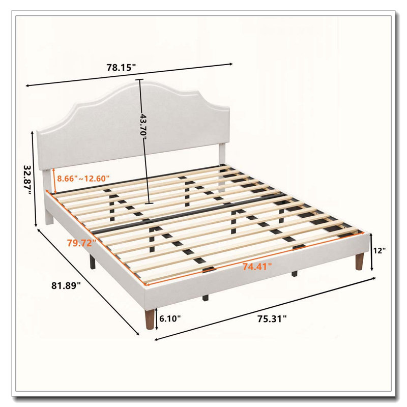 Très grand lit plateforme tapissier avec tête de lit ajustable et tissu en lin, aucun sommier nécessaire