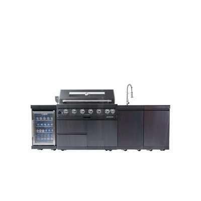 Îlot de cuisine de 43 pouces à 6 brûleurs et 85 000 BTU de cuisine au gaz en acier inoxydable pour barbecue avec îlot de cuisine + réfrigérateur à vin compact + ensemble de rôtisserie + comptoirs en granite + évier en acier inoxydable