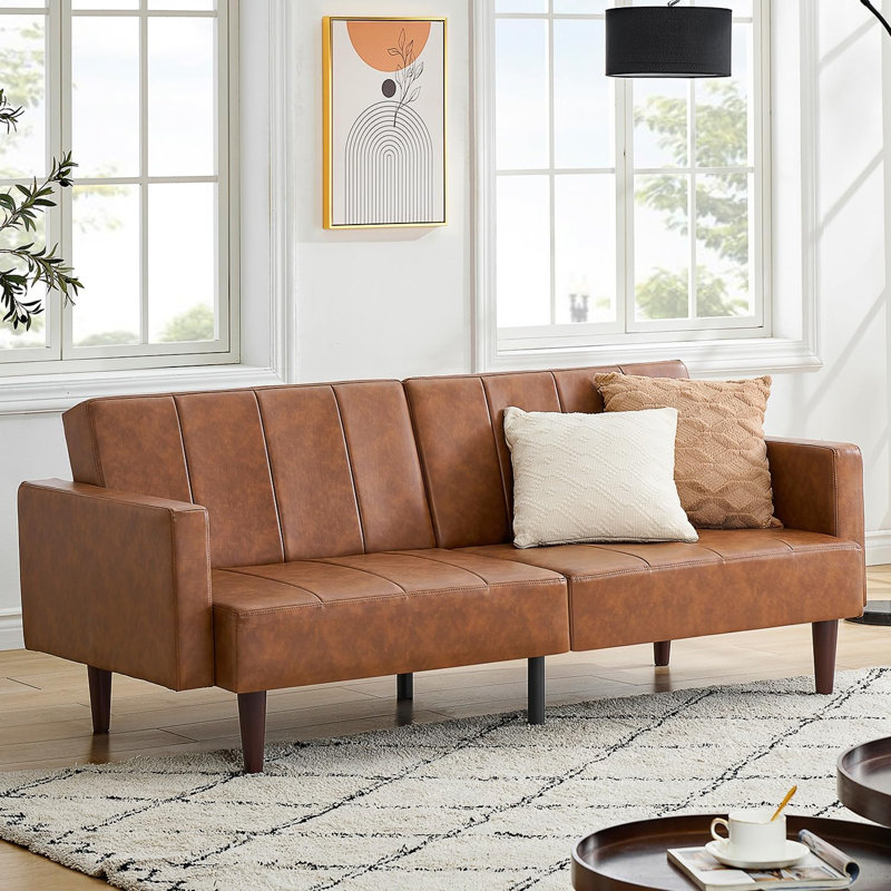 Causeuse moderne de 76 po avec accoudoirs, canapé-lit futon convertible, canapé de salon (similicuir, brun)