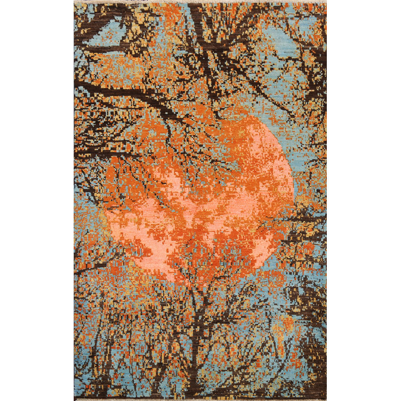 Tapis oriental contemporain abstrait à motif végétal noué à la main 4 x 6