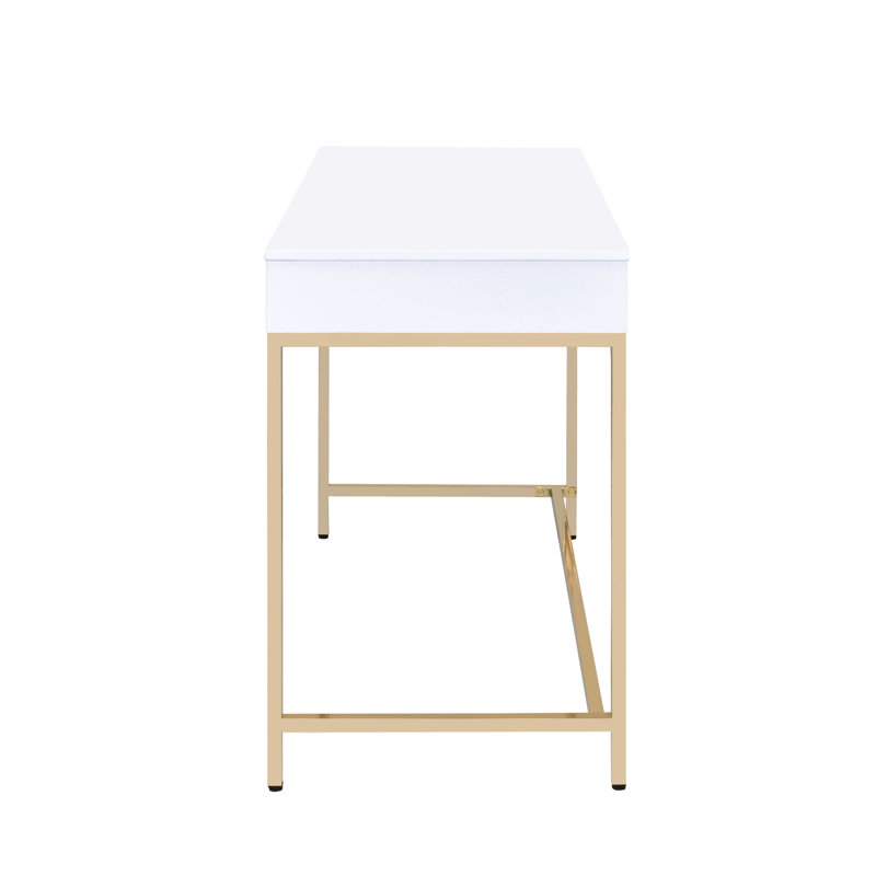 Bureau moderne blanc brillant et doré 2 pour chambre à coucher avec 2 tiroirs et espace de travail