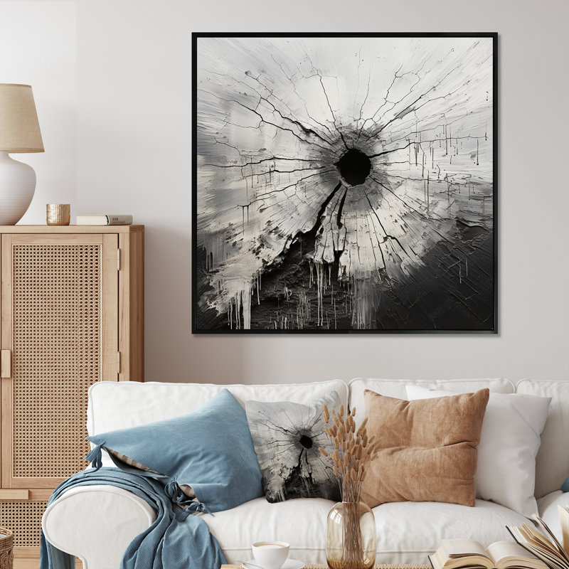 Minimalisme, trou blanc et noir sur toile, H 30 po x l 30 po, Encadrement doré