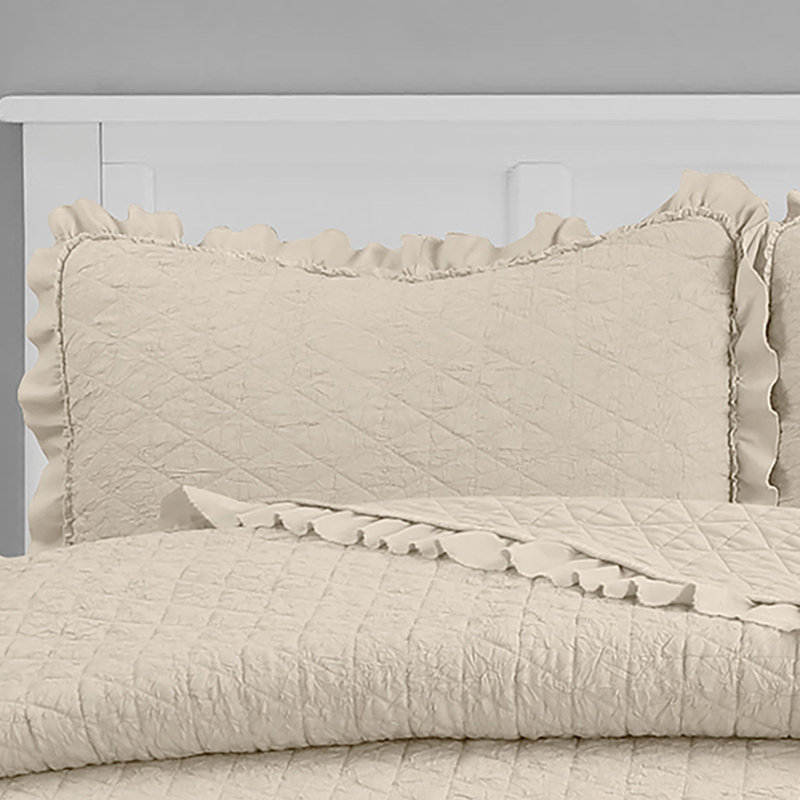 Ecru Twin Microfiber Quilt Set with Ruffle Accents