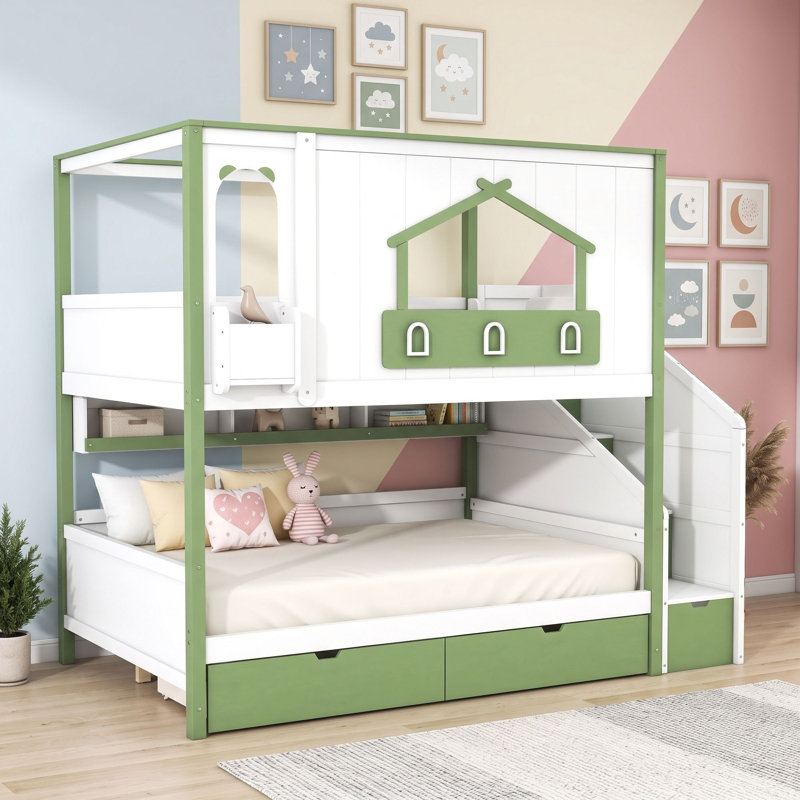 Lit superposé en bois avec escalier de rangement, deux tiroirs sous le lit et étagères ouvertes, Double sur double
