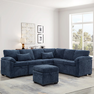 Canapé d'angle modulaire en L 97 po avec siège et repose-pieds de rangement en L 97 po, canapé d'angle en chenille avec 7 sièges et 2 coussins pour le salon, bleu foncé
