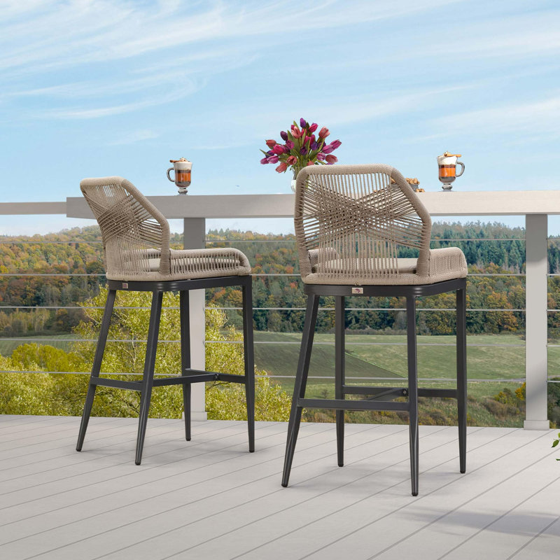 Dark Grey Twill Cushioned Outdoor Bar Stools with Rope Weaving