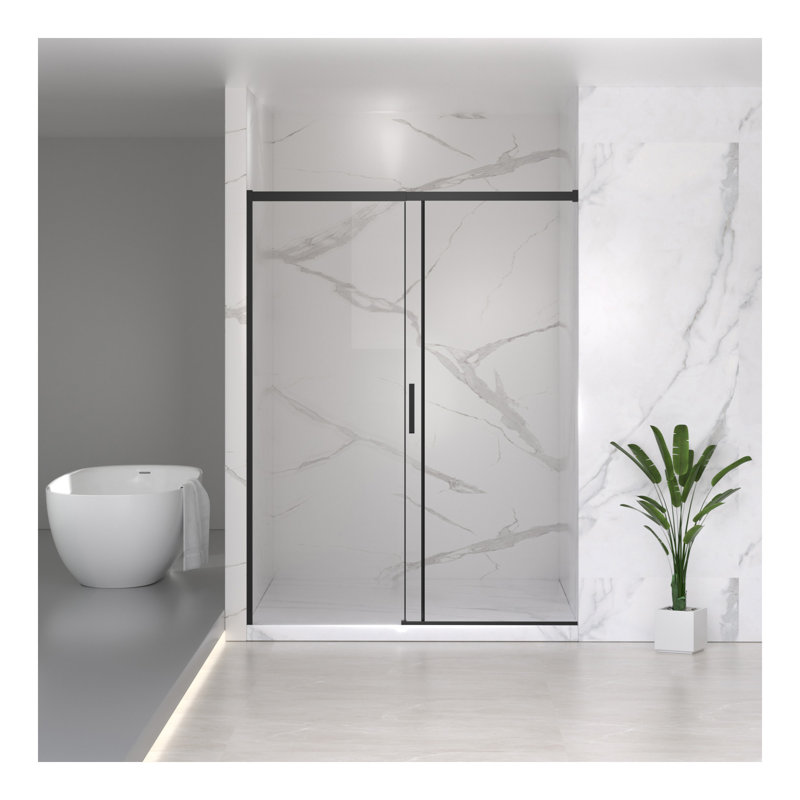 56-60" W x 74" H Semi-Frameless Sliding Shower Door, 1/4" (6mm) Clear SGCC Tempered Glass, Matte Black Finished, Adjustable Width – No Cutting Required
