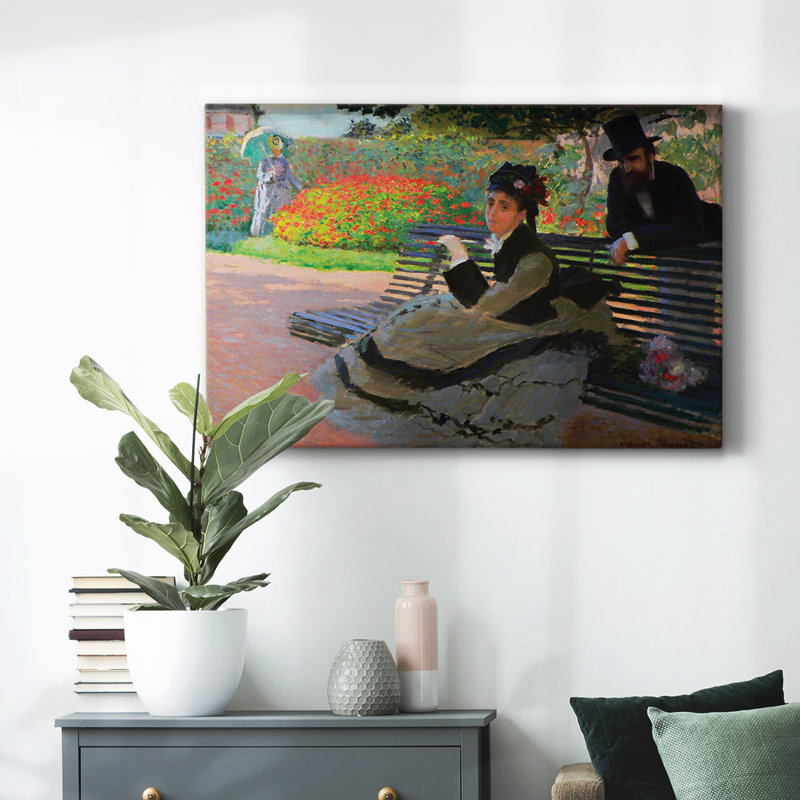 Camille Monet sur un banc de jardin - Toile tendue avec châssis, H 12 po x l 18 po